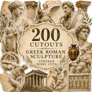 May include: A collection of 200 Greek and Roman sculpture cutouts featuring beige-toned illustrations of classical statues, architectural columns, a temple, a vase, and cherubs, all arranged around a central label with the text 200 CUTOUTS.