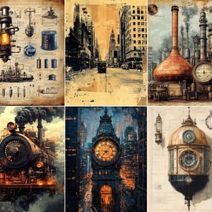 May include: A collection of six art prints featuring industrial and urban themes, including technical blueprints of machinery, a vintage city street, a factory with large copper vessels, a steam locomotive, a clock tower, and a detailed mechanical device.