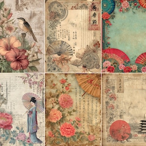 May include: A collage of six vintage-style prints with an Asian theme. Each print features floral arrangements, birds, fans, and Japanese script. The color palette includes muted tones of beige, red, pink, and green, creating a classic, antique aesthetic.