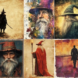 May include: A collage of six distinct artistic illustrations featuring wizards and figures in cloaks. The images display various styles including portraits with long white beards, pointed hats, staff-bearing figures, and silhouettes against textured backgrounds.
