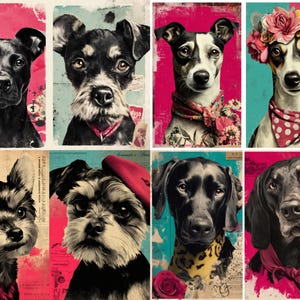 May include: A collection of eight dog portraits with vibrant backgrounds. Each dog is depicted in a unique style, some wearing accessories like bandanas and floral headbands. The color palette includes pink, teal, black, and white.