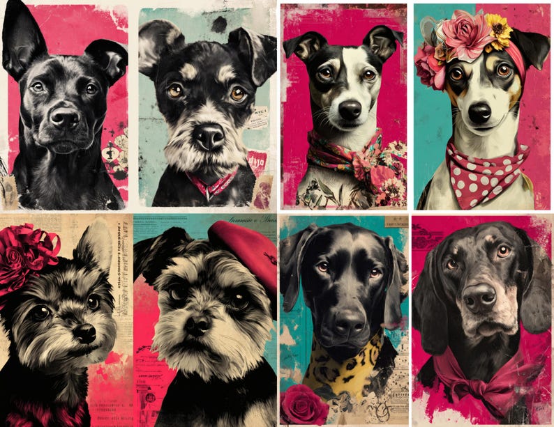 May include: A collection of eight dog portraits with vibrant backgrounds. Each dog is depicted in a unique style, some wearing accessories like bandanas and floral headbands. The color palette includes pink, teal, black, and white.