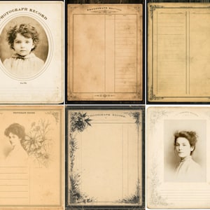 May include: A collection of six rectangular paper sheets labeled Photograph Record, featuring sepia-toned vintage portraits of individuals, floral illustrations, lined sections for notes, and decorative borders on aged, off-white paper backgrounds.