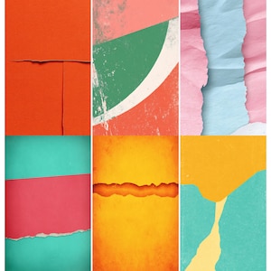 Könnte beinhalten: Abstrakte Collage mit zerrissenen Papierstrukturen in verschiedenen Farben. Das Bild enthält Orange-, Grün-, Rosa-, Blau- und Gelbtöne mit abgenutzten und gealterten Effekten. Das Design erinnert an Vintage-Kunst und Mixed-Media.