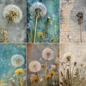 May include: A collage of six images featuring dandelions in various stages of bloom. The dandelions are set against a textured, vintage-style background with soft colors of blue, beige, and yellow. Some images include other wildflowers.