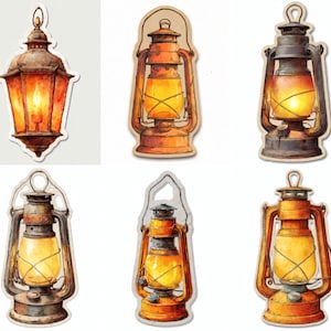 Peut inclure: Un ensemble de six autocollants découpés représentant des lanternes de style ancien. Chaque lanterne présente une flamme jaune brillante à l'intérieur d'un globe en verre, avec des cadres métalliques aux tons orange, marron et gris foncé, munis d'anneaux.