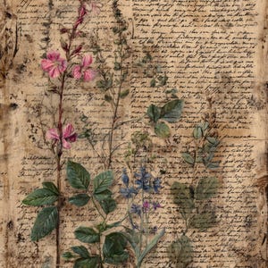 May include: A vintage-style botanical print featuring delicate pink and blue flowers with green leaves, set against a backdrop of aged, handwritten script. The artwork has a rustic, antique aesthetic, with a warm, sepia-toned color palette.