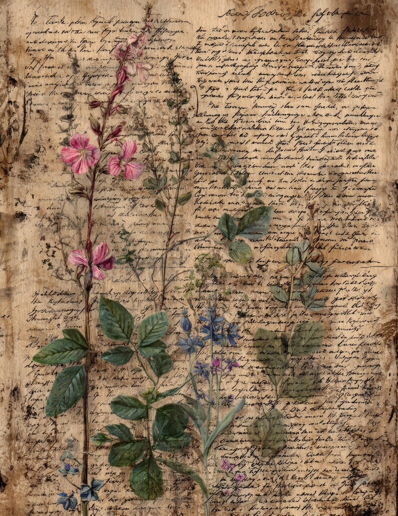 May include: A vintage-style botanical print featuring delicate pink and blue flowers with green leaves, set against a backdrop of aged, handwritten script. The artwork has a rustic, antique aesthetic, with a warm, sepia-toned color palette.