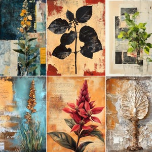 May include: A collection of six mixed-media art panels featuring botanical subjects. The panels display various textures, layered paper, script handwriting, and painted elements in shades of blue, gold, red, black, and cream, showcasing floral and leaf motifs.
