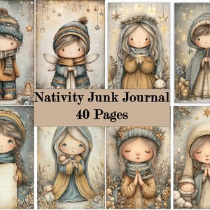 May include: A collection of eight illustrated cards featuring watercolor images of children in winter attire and Nativity scenes. The text "Nativity Junk Journal 40 Pages" is displayed on the cards. The color palette includes soft blues, browns, and golds.