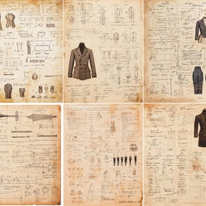 May include: A collection of vintage fashion design sketches and garment illustrations. The images feature detailed drawings of jackets, corsets, and trousers, alongside technical diagrams and handwritten notes on aged paper.