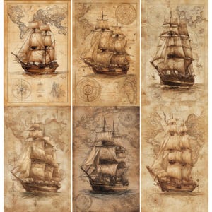 Pode incluir: Uma coleção de seis impressões em estilo vintage com navios à vela em mapas antigos. Os navios detalhados, com as suas velas esvoaçantes, destacam-se num fundo de mapa-múndi sépia, com rosas-dos-ventos e cartas náuticas.