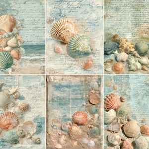 May include: A collage of six images featuring seashells in various sizes and colors, including orange, white, and green. The seashells are arranged on a background of aged paper with handwritten script and a watercolor wash of blue and beige, evoking a vintage beach theme.