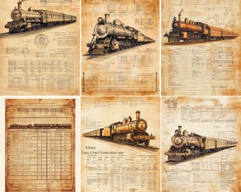 Puede incluir: Una colección de grabados de estilo vintage con ilustraciones detalladas de locomotoras de vapor. Cada grabado muestra un diseño de tren diferente, acompañado de diagramas técnicos y texturas de papel envejecido. La paleta de colores es principalmente sepia y marrón.
