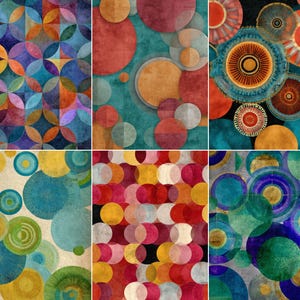 Könnte beinhalten: Sechs abstrakte Kunstdrucke mit farbenfrohen geometrischen Designs. Die Drucke zeigen verschiedene Anordnungen von Kreisen und Mustern in Blau-, Orange-, Rot-, Gelb- und Lilatönen. Das Kunstwerk hat eine strukturierte, Vintage-Ästhetik.