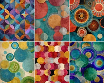 23 Geometric Circle Pattern Pages, Retro Fabric Scrapbook Printables, Abstract Textile Background, Mid Century Collage Kit, Digital Download