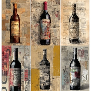 Puede incluir: Seis impresiones de botellas de vino de estilo vintage. Cada botella tiene un diseño de etiqueta único y está colocada sobre un fondo de papel envejecido con recortes de periódicos. Las botellas varían en color, con tonos rojos y marrones dominantes.