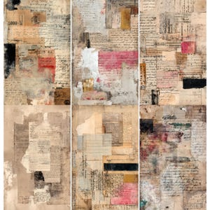 May include: Abstract collage art featuring layered paper fragments, handwritten script, and textured paint. The color palette includes beige, brown, red, and black. The artwork has a vintage, distressed aesthetic, with visible tears and imperfections, creating a unique visual texture.