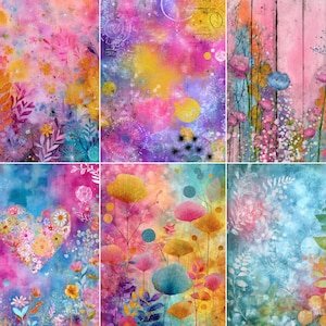 May include: A collection of six rectangular art prints featuring vibrant, abstract floral and botanical compositions. The designs incorporate watercolor-style washes in pink, blue, yellow, and purple, with layered illustrations of wildflowers, foliage, and a heart-shaped floral arrangement.