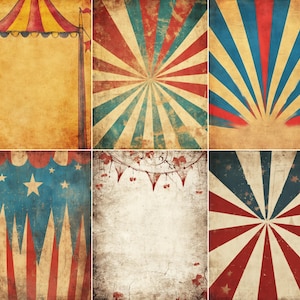 May include: A collection of six vintage circus and carnival-themed backgrounds. The designs feature distressed textures, vibrant colours, and classic motifs like starburst patterns, circus tents, and bunting, evoking a nostalgic aesthetic.