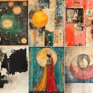 May include: A collage of six distinct art prints featuring a celestial map, a bright yellow sun over script, a red panel with a vintage photograph, abstract black ink strokes, a figure in a flowing gown, and geometric circles over handwritten text.