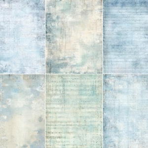 以下が含まれることがあります： ヴィンテージ感のある、使い古された雰囲気のデジタルペーパー6枚のコラージュ。淡いブルー、クリーム、ベージュの色合いが混ざり合い、繊細なテクスチャと薄れたスクリプトと音符が特徴です。全体的な効果は、古くなった羊皮紙を連想させます。