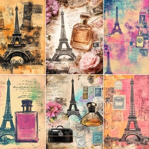 May include: A collection of six artistic prints featuring the Eiffel Tower, perfume bottles, vintage postage stamps, handwritten script, and floral accents in various color palettes including sepia, pink, blue, and yellow tones with layered textures.