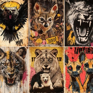May include: A set of six rectangular art prints featuring stylized animal illustrations. The images depict an owl, a fox, a snarling wolf, a tiger, a lion with a cub, and two hyenas, all rendered with distressed textures, paint splatters, and bold text.