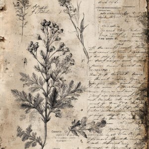 May include: A vintage botanical illustration featuring detailed drawings of various plants and flowers in black and white. The artwork is set against a textured, aged paper background with handwritten script, creating a classic, antique aesthetic.
