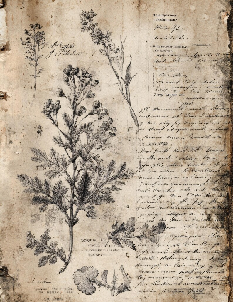 May include: A vintage botanical illustration featuring detailed drawings of various plants and flowers in black and white. The artwork is set against a textured, aged paper background with handwritten script, creating a classic, antique aesthetic.