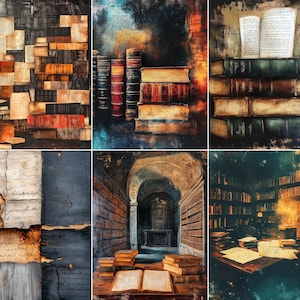 May include: A collection of six artistic panels featuring various library scenes, including stacks of antique books, open manuscripts with handwritten text, dark wooden shelves, and dimly lit interior architectural spaces with warm golden lighting.