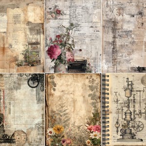 May include: A collection of six digital collage sheets featuring vintage-style paper textures, botanical illustrations of flowers, handwritten script, clock faces, mechanical blueprints, and aged parchment backgrounds with distressed edges and sepia tones.