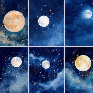 May include: A series of watercolour paintings depicting the moon and a starry night sky. Each panel shows a different phase of the moon against a deep blue backdrop with scattered stars and clouds. The moons range in colour from pale white to golden yellow.