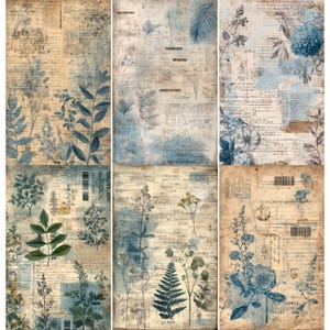 以下が含まれることがあります： ヴィンテージスタイルの紙6枚のコラージュで、植物のイラストが描かれています。手書きのテキスト、色あせた青色の水彩画、葉や花の細密な描写が組み合わされ、重ねられたアンティークな美しさを生み出しています。