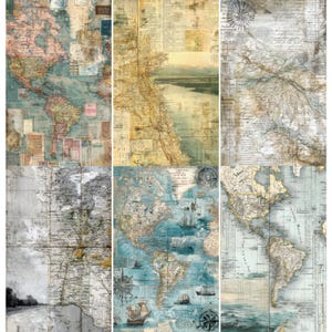 以下が含まれることがあります： 古風なスタイルの地図のコラージュで、使い古された外観です。 地図は世界のさまざまな地域を示しており、くすんだ青、茶色、タンの色合いです。 一部の地図には、コンパスや船などの航海要素が含まれています。