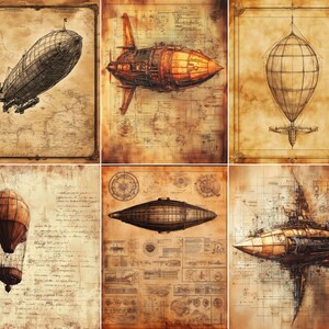 May include: A set of six vintage-style prints featuring technical illustrations of airships and hot air balloons on aged, sepia-toned paper. The collection includes detailed schematics, cross-sections, and hand-drawn diagrams of various flying vessels.