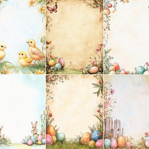 May include: A collage of six watercolor illustrations with an Easter theme. The images feature chicks, birds, bunnies, and decorated eggs. Floral borders and a vintage paper texture frame the scenes, with soft pastel colors.