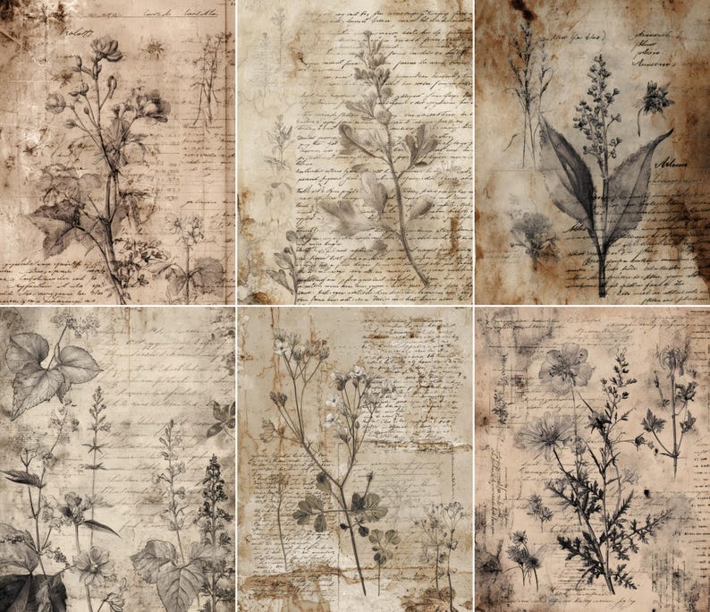 May include: A collage of six vintage-style botanical prints. Each print features detailed illustrations of various flowers and plants in shades of gray and brown, set against a backdrop of aged paper with handwritten script. The overall aesthetic is antique and artistic.