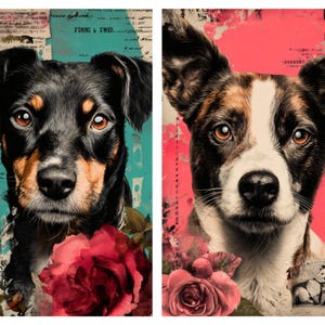May include: Two dog portraits with vintage backgrounds. The left dog is black and tan with a red rose, set against a teal and cream backdrop. The right dog is black, white, and brown, with a pink background and roses. Both have brown eyes.