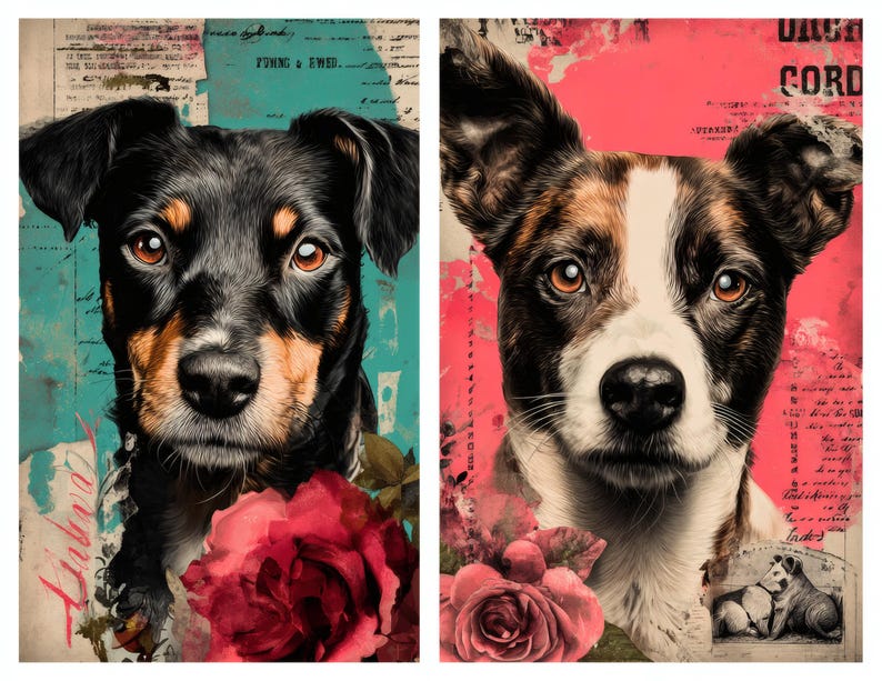 May include: Two dog portraits with vintage backgrounds. The left dog is black and tan with a red rose, set against a teal and cream backdrop. The right dog is black, white, and brown, with a pink background and roses. Both have brown eyes.