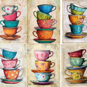 May include: A collage of six images featuring stacks of colorful teacups and saucers. Each teacup has a unique design and color, including floral patterns and solid hues. The teacups are stacked on top of each other, creating a whimsical and artistic display.
