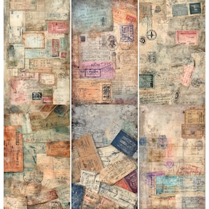 May include: A collage of vintage ephemera, including tickets, stamps, and handwritten notes, in shades of beige, brown, and faded colors. The design evokes a sense of travel and nostalgia, with a textured, aged appearance.