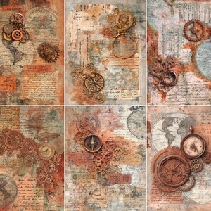 May include: Six vintage steampunk designs featuring world maps, aged paper, gears, compasses, and clocks in brown, orange, and beige tones. The designs create a sense of history and adventure, with a focus on intricate details.