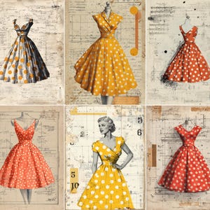 Può includere: Un collage di abiti vintage a pois. Gli abiti, nei colori arancione, giallo e bianco, sono presentati su manichini. Lo sfondo è carta invecchiata con spartiti musicali.