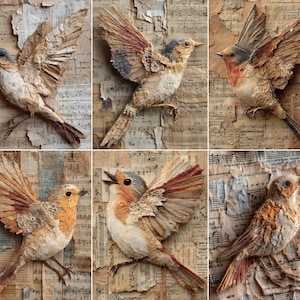 May include: Six handcrafted paper bird sculptures with wings spread, in shades of beige, brown, and orange. The birds are detailed with lace and set against a backdrop of aged sheet music. Each bird has a unique pose and design, creating a vintage aesthetic.