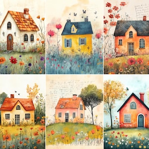 May include: Watercolor paintings of charming cottages in a field of wildflowers. Each house has a unique color scheme, including white, yellow, orange, and red, with contrasting roof colors. Butterflies and birds add to the whimsical feel.