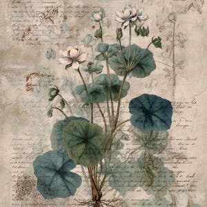 May include: Botanical illustration of a flowering plant with large, round, blue-green leaves and delicate white and pink flowers. The artwork is set against a textured, aged background with faded script and floral sketches, creating a vintage aesthetic.