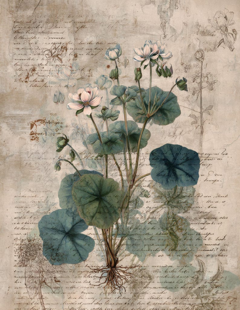May include: Botanical illustration of a flowering plant with large, round, blue-green leaves and delicate white and pink flowers. The artwork is set against a textured, aged background with faded script and floral sketches, creating a vintage aesthetic.