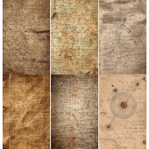 Puede incluir: Un collage de seis hojas de papel envejecido, cada una cubierta de ecuaciones, diagramas y notas manuscritos. El papel tiene un aspecto amarillento y vintage, con arrugas y desgaste visibles. La tinta es oscura, creando contraste.