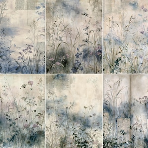 May include: A collection of six rectangular art prints featuring botanical illustrations of wildflowers and grasses in shades of blue, grey, and cream. The designs incorporate subtle vintage text overlays and watercolor textures on a light background.